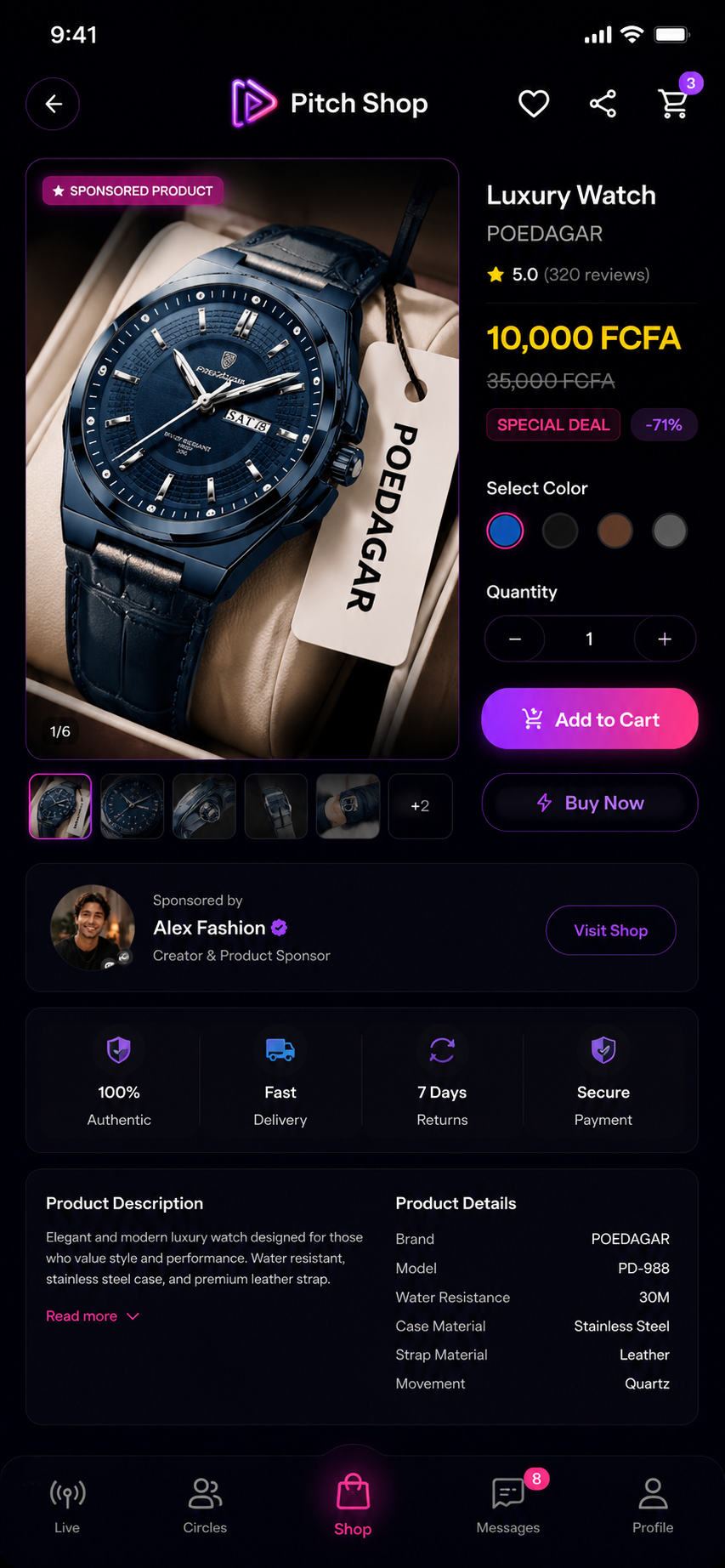 Pitch Shop-Produktdetailbildschirm mit Luxusuhr, Creator-Shop und Kassenoptionen