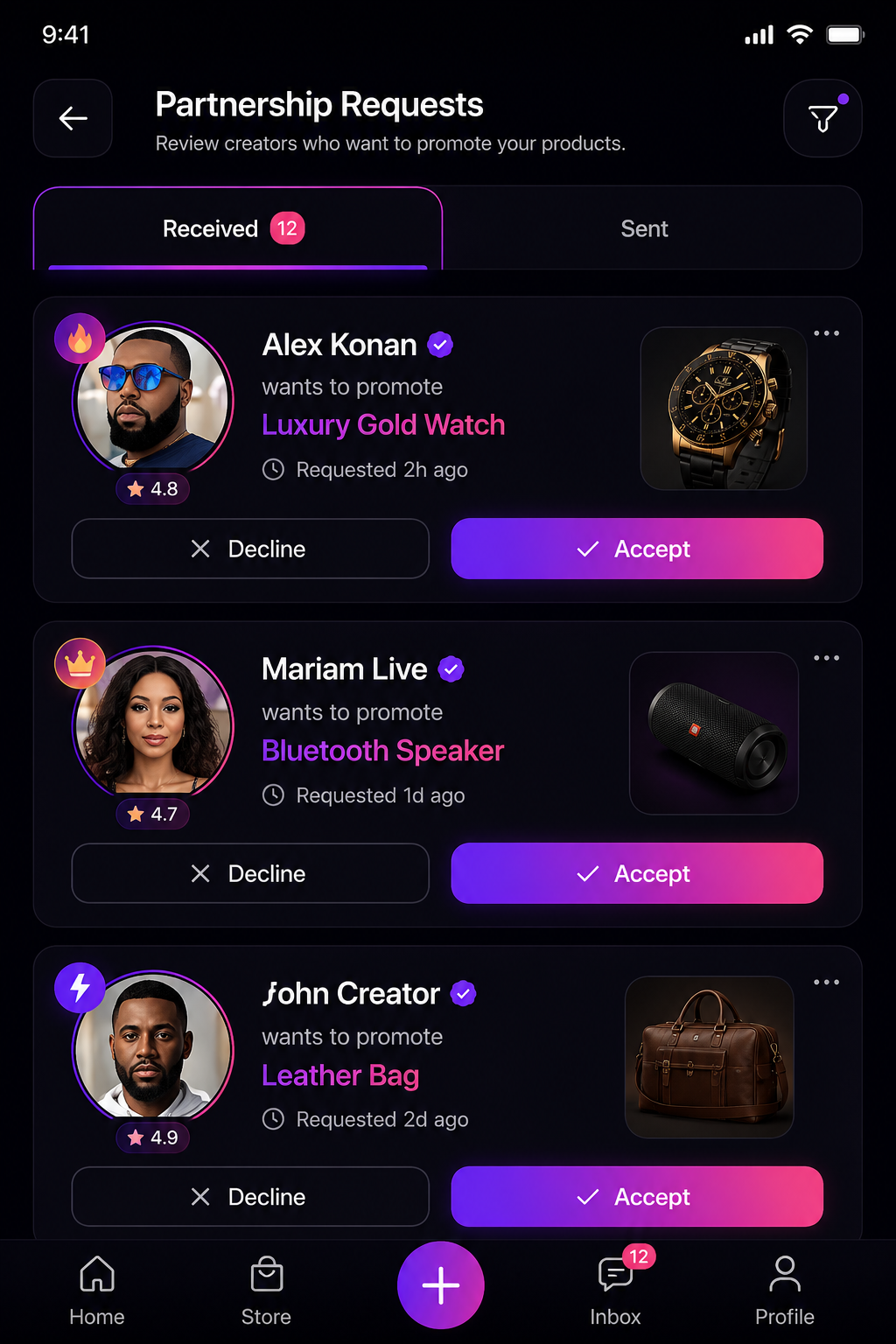 Pitch Live store screen showing partner products and partnership requests