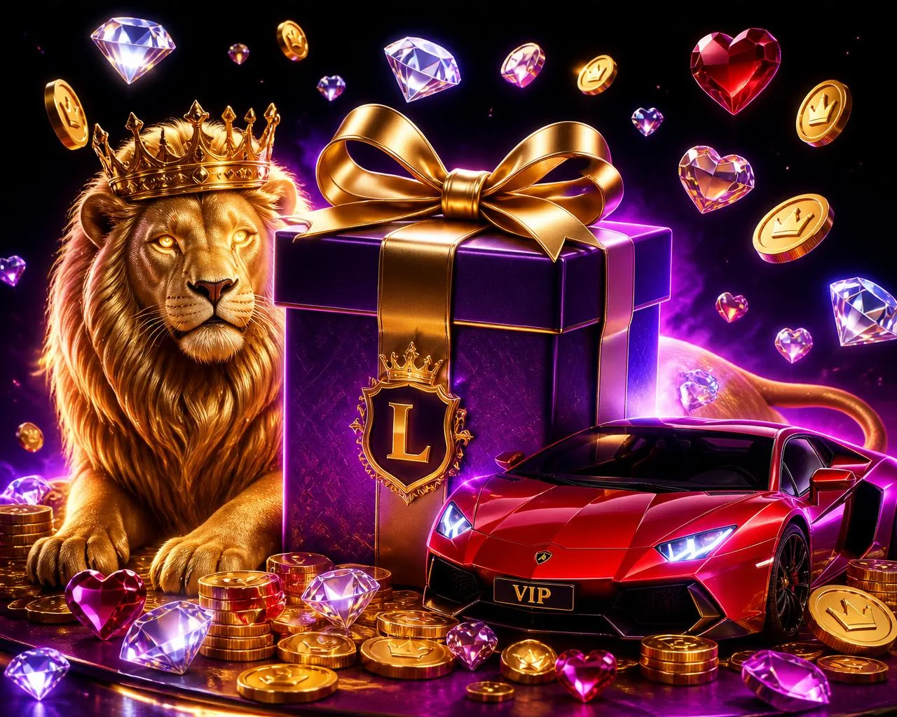 Premium Pitch Live Geschenke: eine lila Geschenkbox mit Goldschleife, ein goldener Löwe und ein roter Sportwagen, umgeben von schwebenden Diamanten, Herzen und Münzen